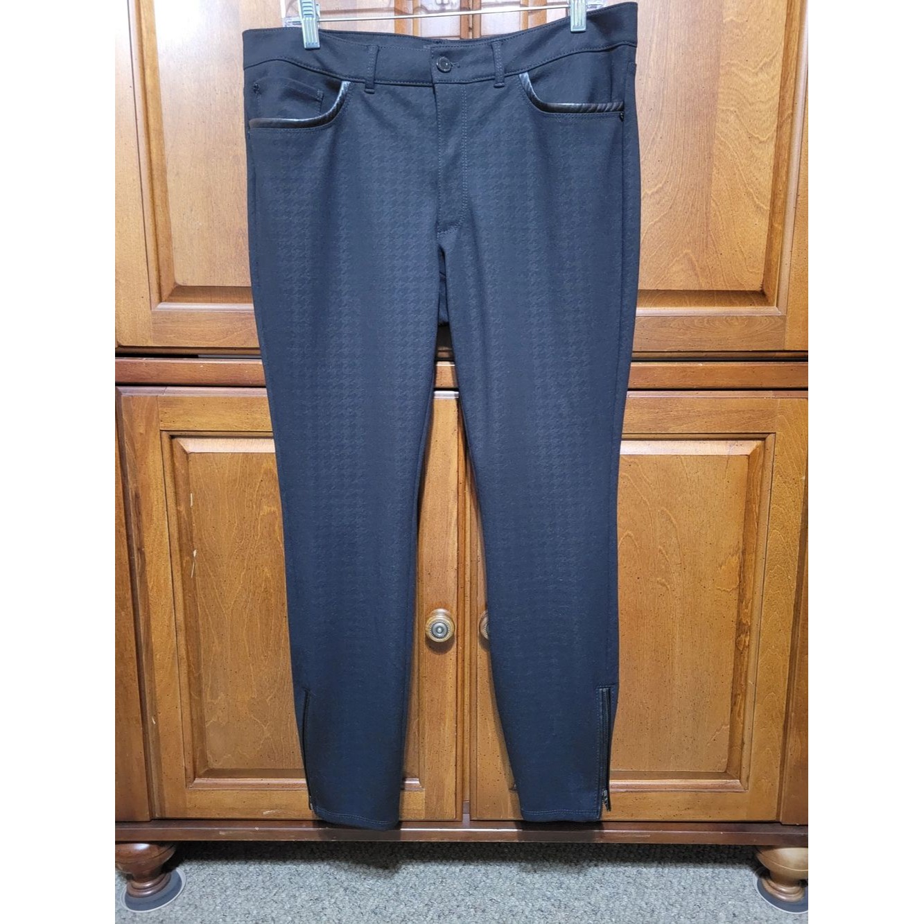 The Skinny Ankle Pants Women 12 Black Excellent Houndstooth Faux Leather Trim — image 2 of 8